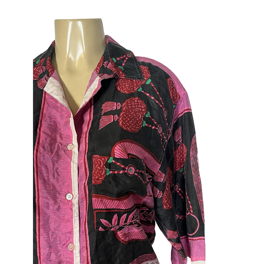 Nico Biani Shirt Large Pink‎ Black Silk Graphic Print Long Sleeve Button Up
